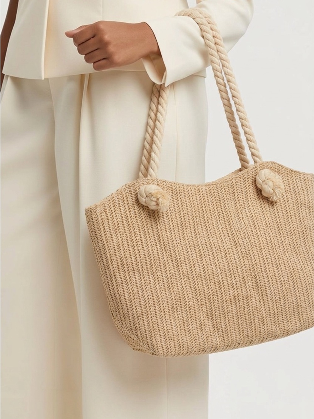 Neutral Cream Woven Rope-Handle Tote